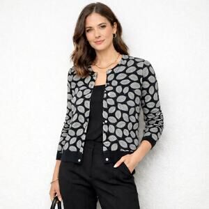 Charter Club Cardigan Women’s Leaf Print Rhinestone Button Knit Black Gray Large